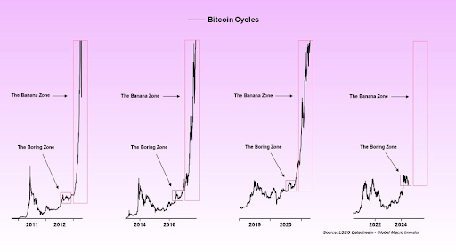 Gráfico do ciclo da Bitcoin de 2011 a 2024
