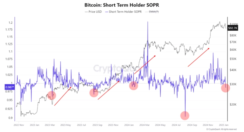 Gráfico SOPR do Bitcoin Short Term Holder com tendências
